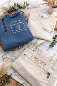 The Linen & Sash Lifestyle Set
Quarter Zip • Embroidered Tee • Canvas Tote
$99 (Save $18)